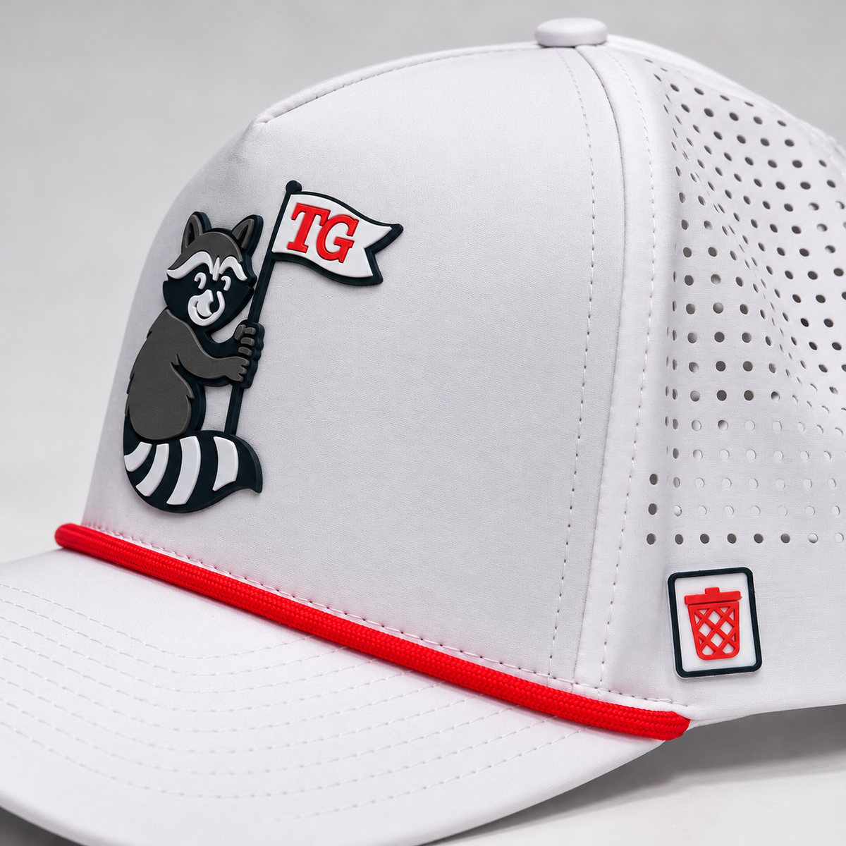 Red Rope Raccoon hat, detail