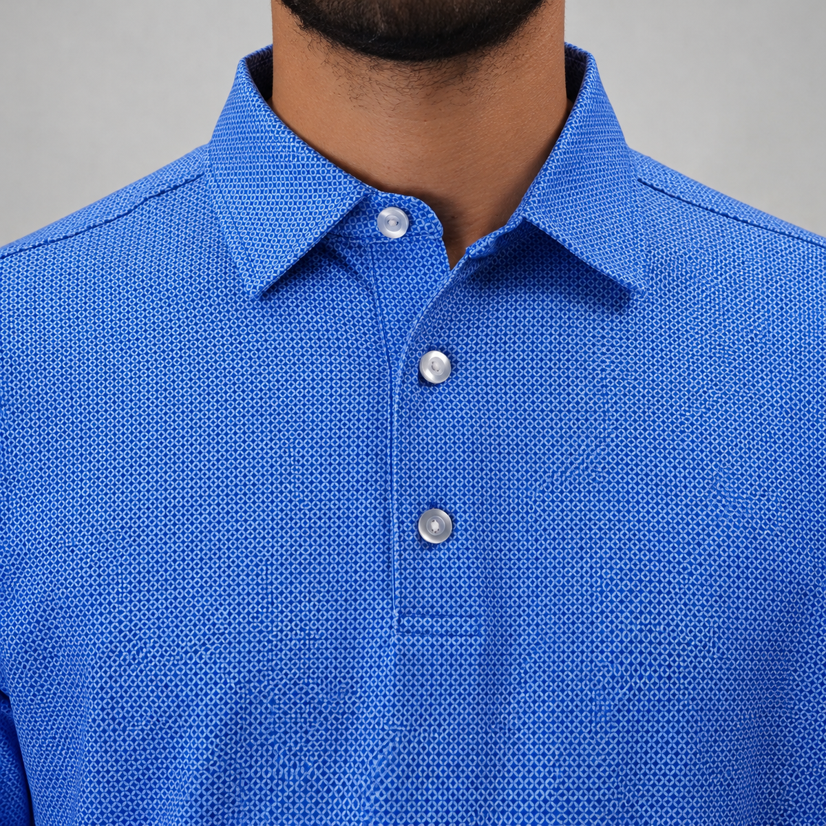 Trash Golf Polo in Blue Geo, collar detail