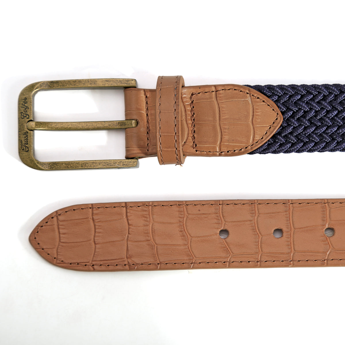 Dept Issue Belt in Blue / Tan, buckle and tip detail
