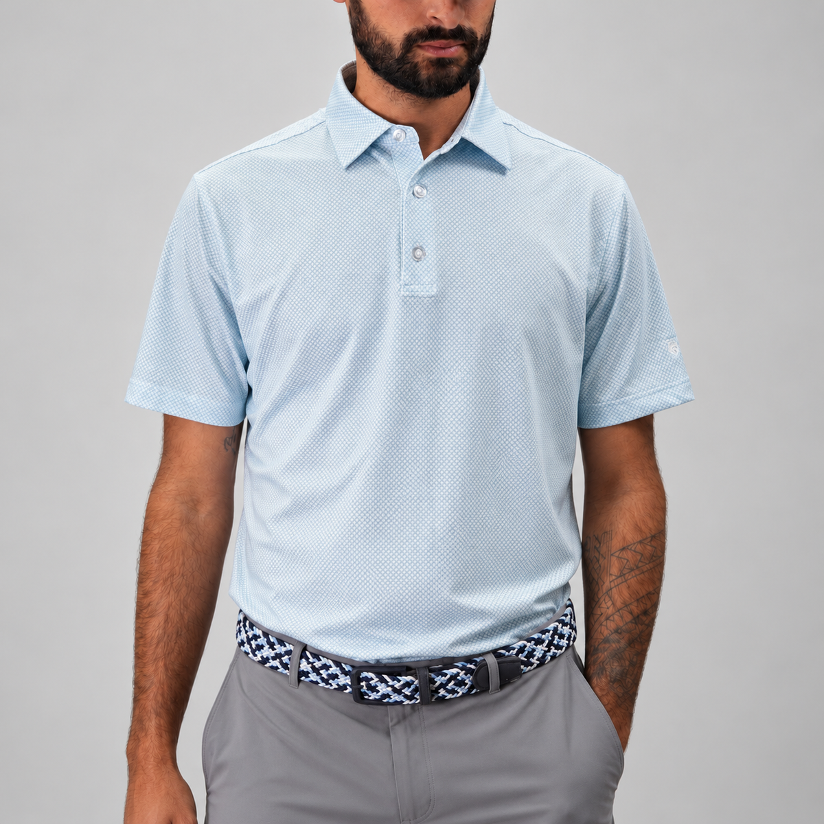 Trash Golf Polo in Aqua Geo, front