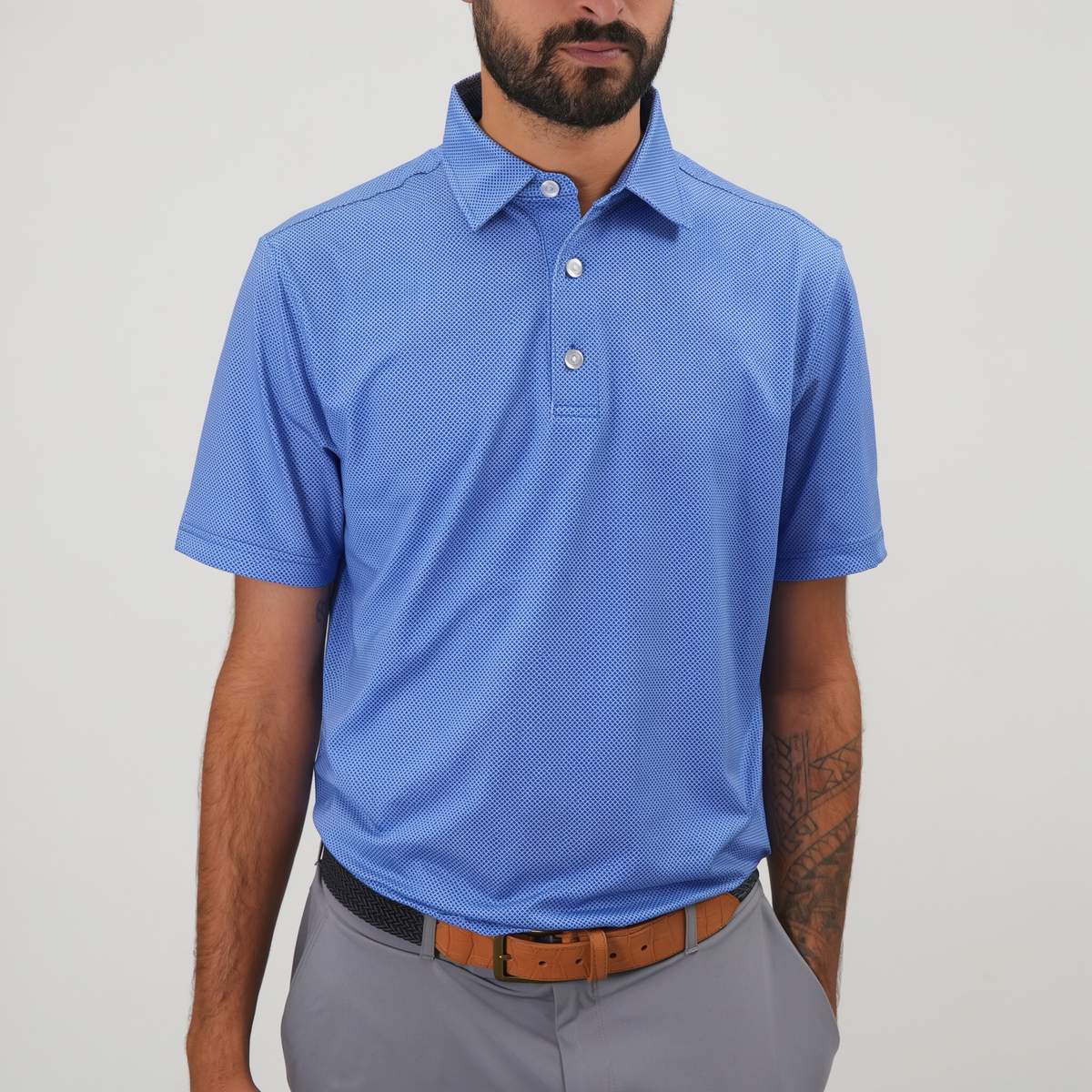 Trash Golf Polo in Blue Geo, front